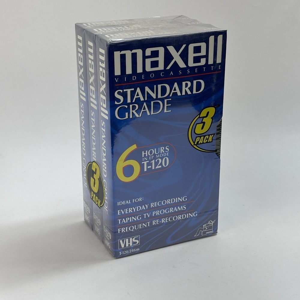 3 Pack Maxell T-120 6 Hour Standard Grade VCR Blank Video Tapes New Sealed